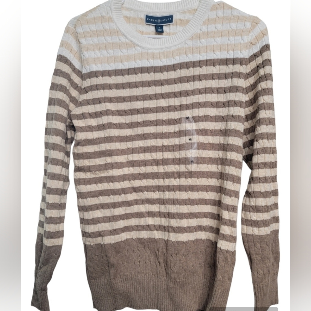 Karen Scott Women's Cable Crew Knit Chestnut-White-Beige Sweater NWT